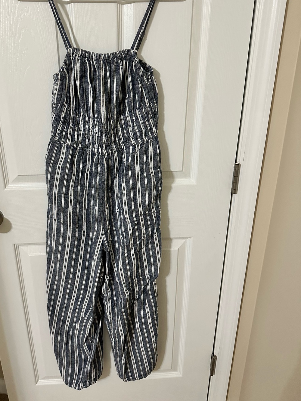 Old Navy Navy and White Striped Linen-Blend Jumpsuit